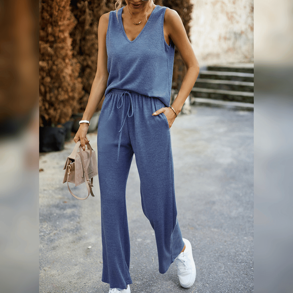 Ensemble élégant 2 pièces pour femmes avec un haut côtelé et un pantalon confortable - Parfait pour un look quotidien décontracté