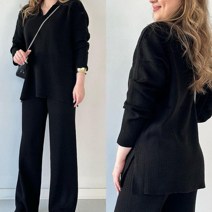 Ensemble 2 pièces pour femmes - pull côtelé et pantalon confortables pour des sorties décontractées et relaxantes