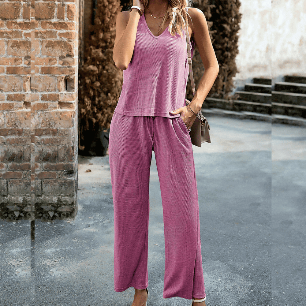Ensemble élégant 2 pièces pour femmes avec un haut côtelé et un pantalon confortable - Parfait pour un look quotidien décontracté