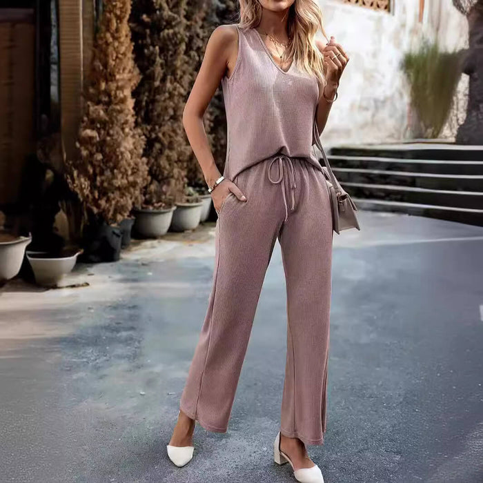 Ensemble élégant 2 pièces pour femmes avec un haut côtelé et un pantalon confortable - Parfait pour un look quotidien décontracté