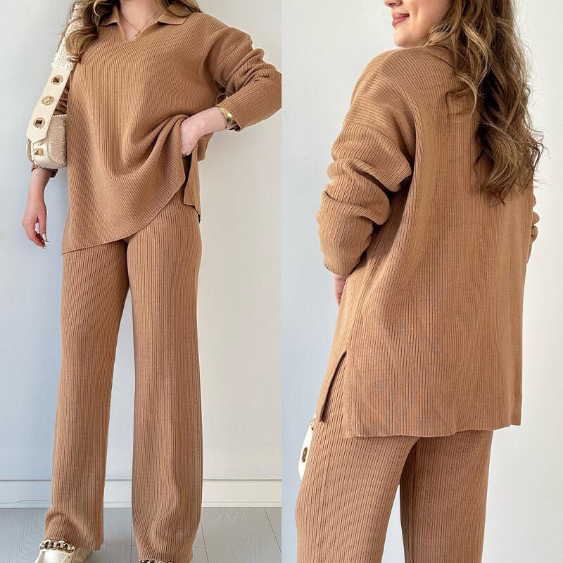 Ensemble 2 pièces pour femmes - pull côtelé et pantalon confortables pour des sorties décontractées et relaxantes