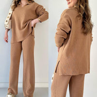 Ensemble 2 pièces pour femmes - pull côtelé et pantalon confortables pour des sorties décontractées et relaxantes