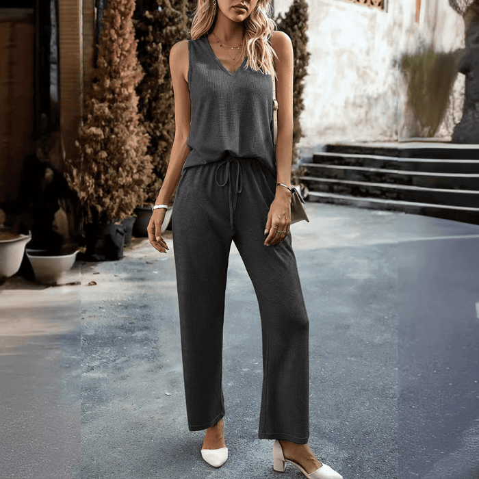 Ensemble élégant 2 pièces pour femmes avec un haut côtelé et un pantalon confortable - Parfait pour un look quotidien décontracté