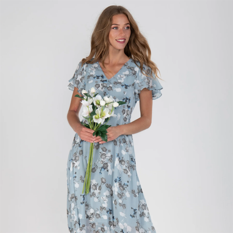 Robe longue élégante avec des manches papillon enchanteresses et un magnifique motif floral - Floral