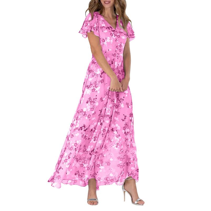 Robe longue élégante avec des manches papillon enchanteresses et un magnifique motif floral - Floral