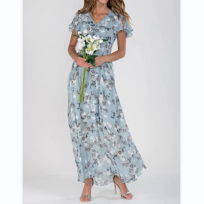 Robe longue élégante avec des manches papillon enchanteresses et un magnifique motif floral - Floral