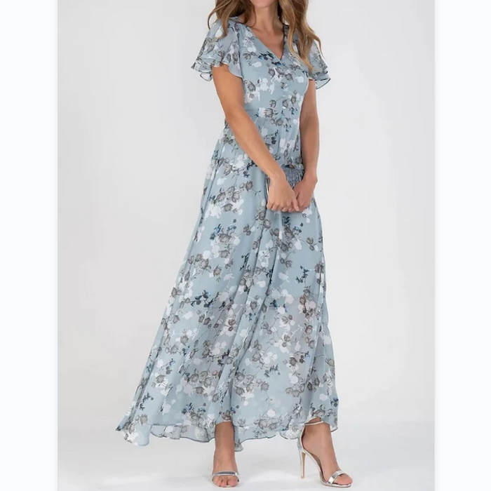 Robe longue élégante avec des manches papillon enchanteresses et un magnifique motif floral - Floral