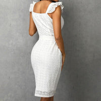 Robe midi à eyelets pour femmes - Encolure en cœur - Manches à volants - Ceinture à la taille