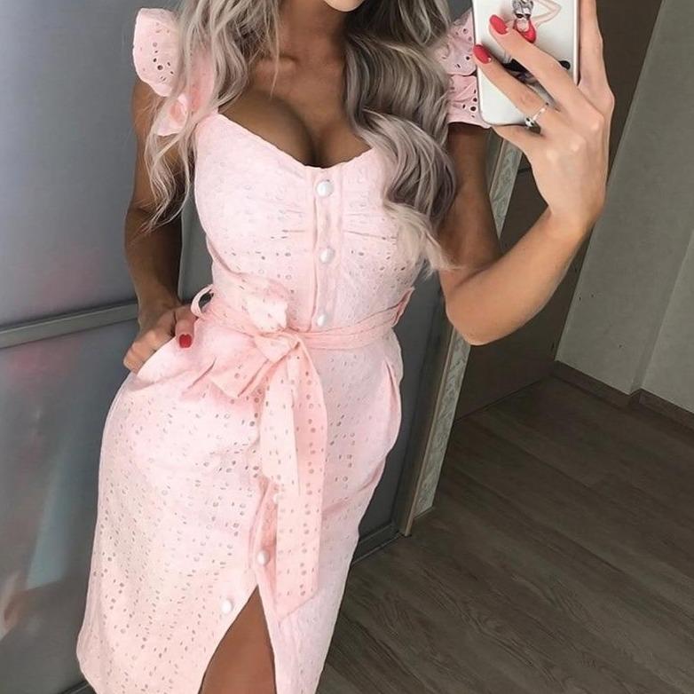 Robe midi à eyelets pour femmes - Encolure en cœur - Manches à volants - Ceinture à la taille
