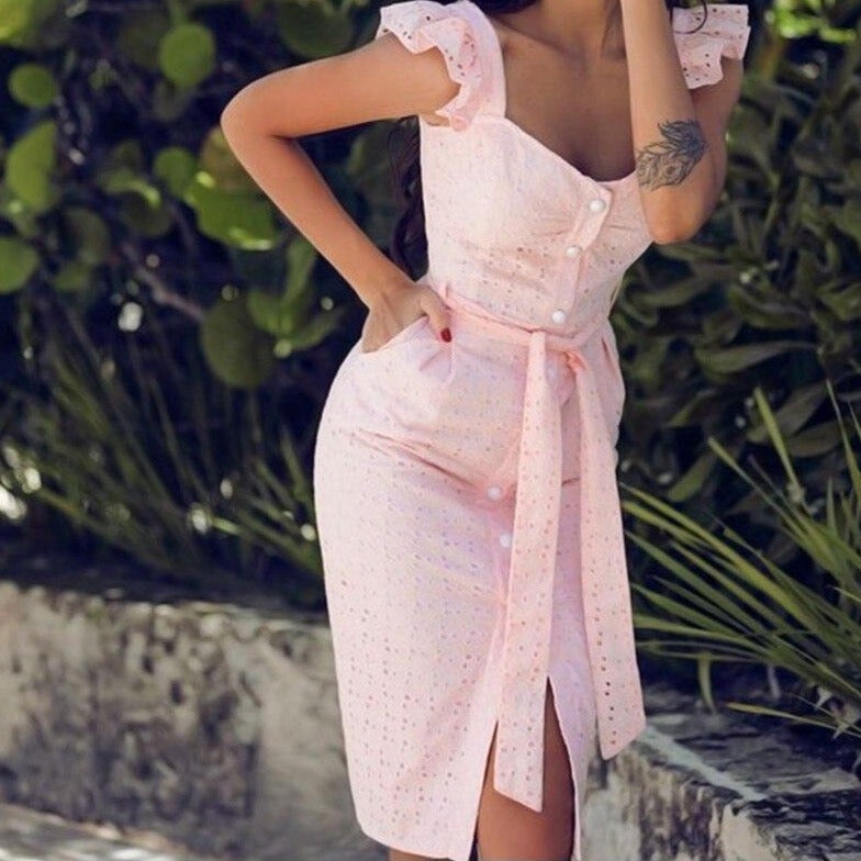 Robe midi à eyelets pour femmes - Encolure en cœur - Manches à volants - Ceinture à la taille