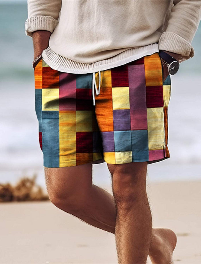 Bermudas masculins de parches - Longitud de rodilla - Cintura elástica con cordón - Ligero y transpirable