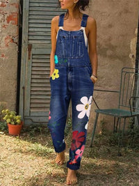 Salopette en denim élégante pour femmes avec imprimé floral et poches pratiques - parfaite combinaison décontractée à porter tous les jours