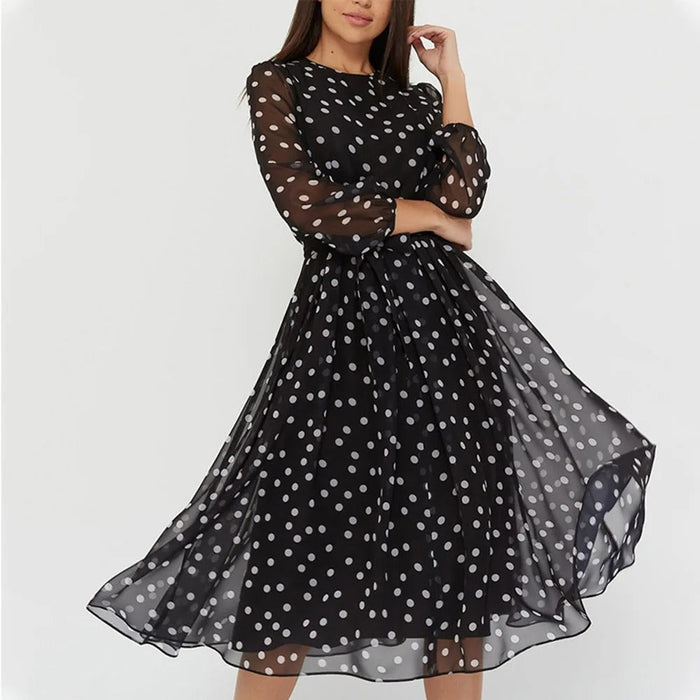 Robe Femme Évasée en Tulle avec Manches 3/4 - Longueur Mi-Mollet - Coupe Légère et Flottante
