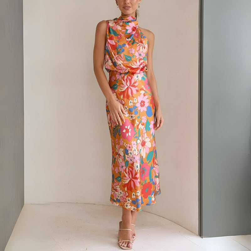 Robe Longue Femme à Halter et Mixte Asymétrique - Élégant Imprimé Fleuri