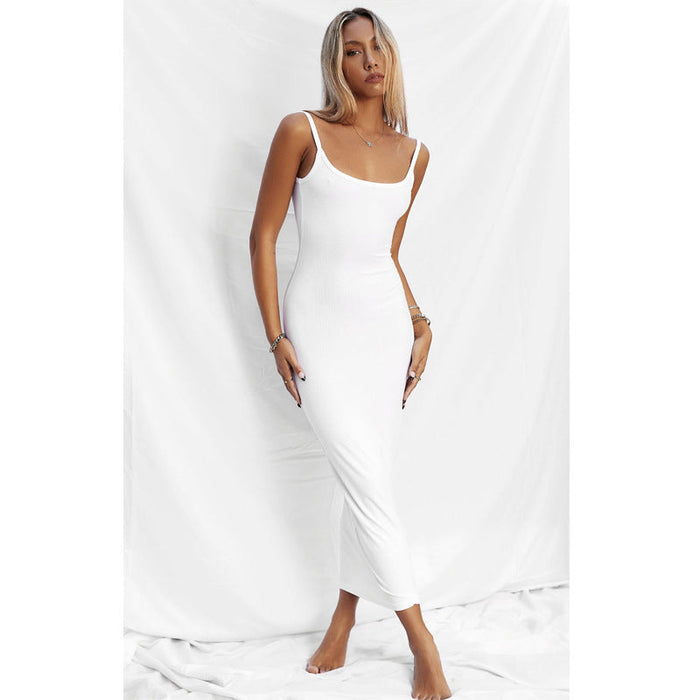 Robe Midi en Maille pour Femmes - Coupe Bodycon Flatteuse - Col Carré Élégant - Sans Manches