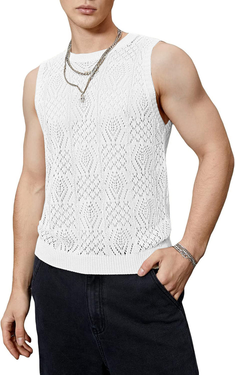 Débardeur pour hommes en crochet - Design géométrique sans manches - Léger et ultra respira
