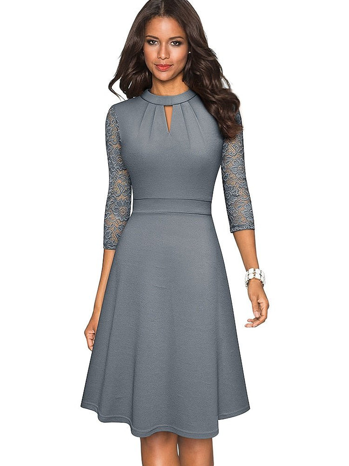 Robe élégante pour femmes - Coupe A avec col montant en dentelle et manches 3/4 - Tenue semi-formelle sophistiquée