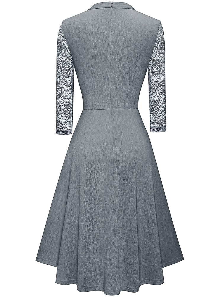 Robe élégante pour femmes - Coupe A avec col montant en dentelle et manches 3/4 - Tenue semi-formelle sophistiquée