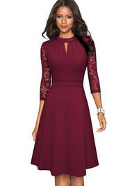 Robe élégante pour femmes - Coupe A avec col montant en dentelle et manches 3/4 - Tenue semi-formelle sophistiquée