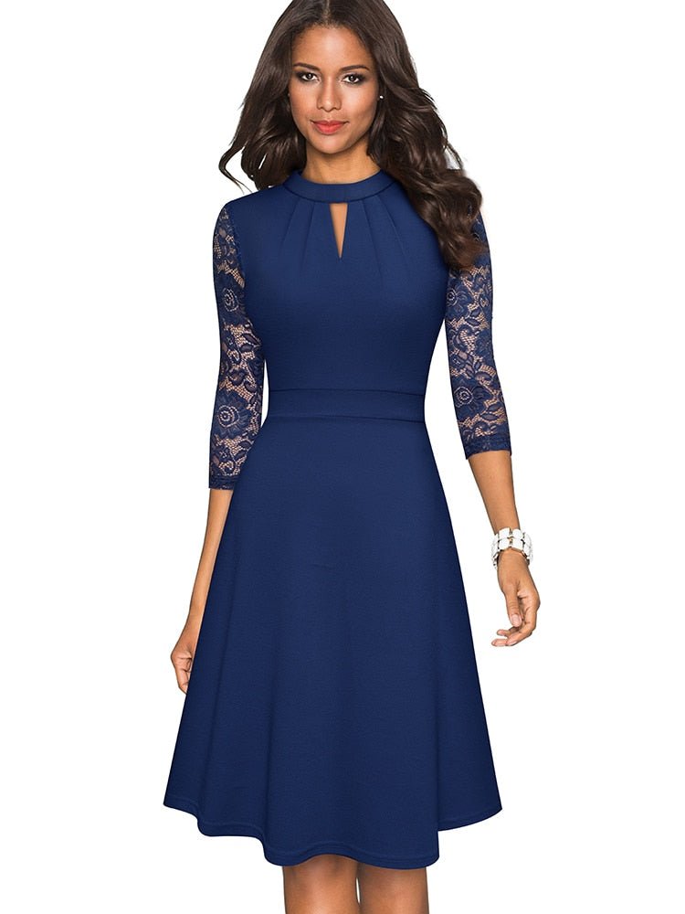 Robe élégante pour femmes - Coupe A avec col montant en dentelle et manches 3/4 - Tenue semi-formelle sophistiquée