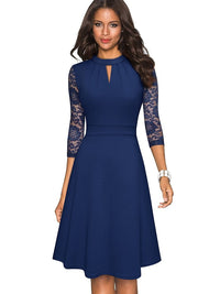 Robe élégante pour femmes - Coupe A avec col montant en dentelle et manches 3/4 - Tenue semi-formelle sophistiquée