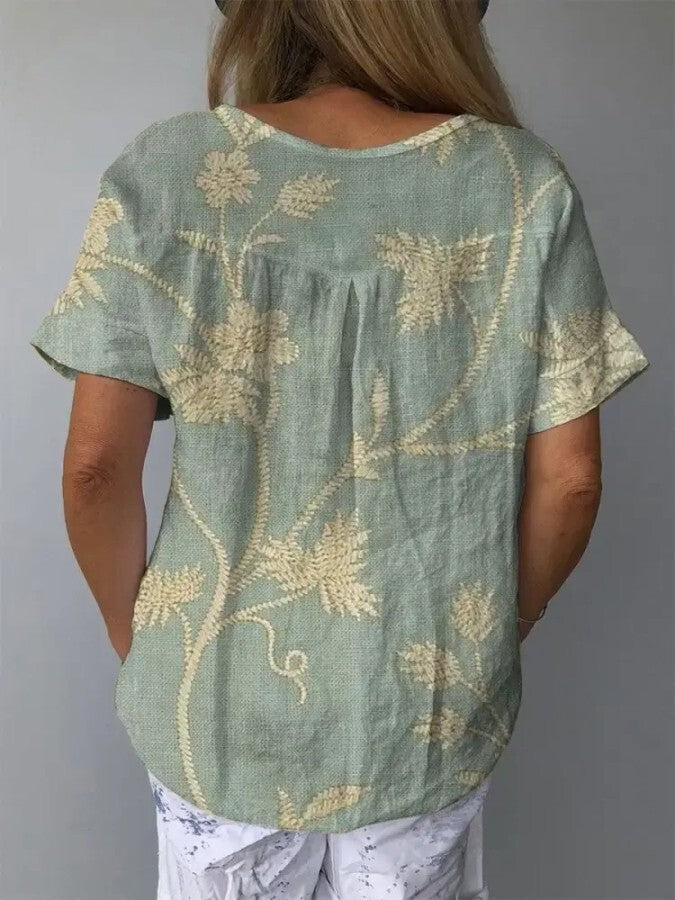 T-shirt en lin brodé à la coupe décontractée pour femmes, gris doux - Top confortable et décontracté à motif floral