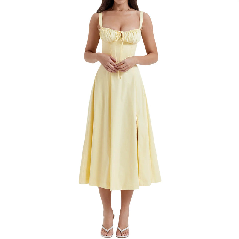 Robe Midi Corset Élégante à Fente - Robe d'Été Bustier Chic pour Mariages et Fêtes