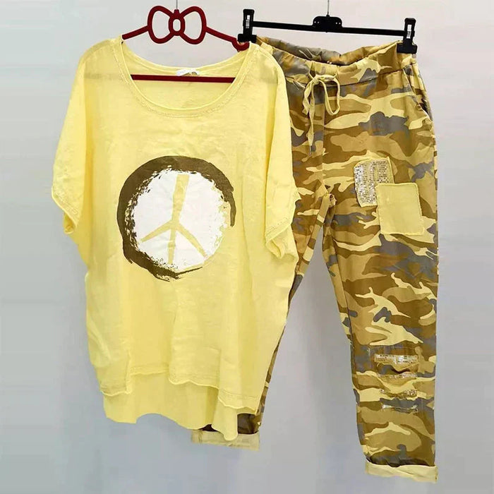 Ensemble décontracté pour dames - T-shirt camouflage tendance et pantalon confortable