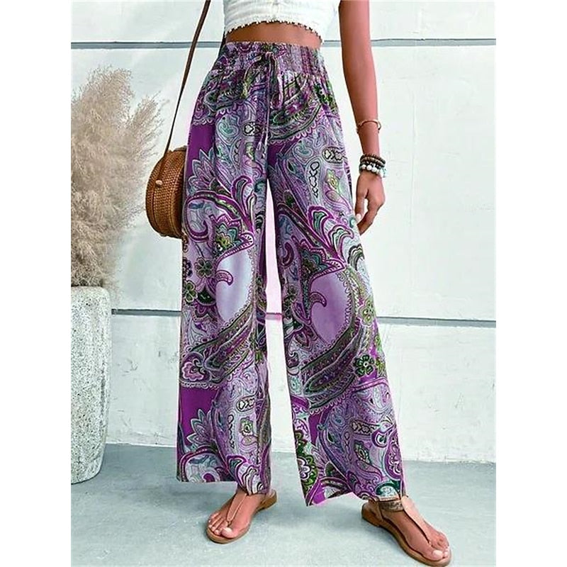 Pantalon large pour femme avec imprimé vintage pour un look bohème élégant et décontracté